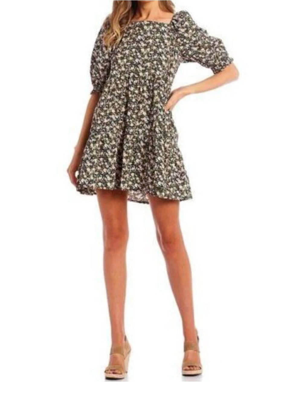 Levi's Olive Floral Square-Neck Puff-Sleeve Mini Dress